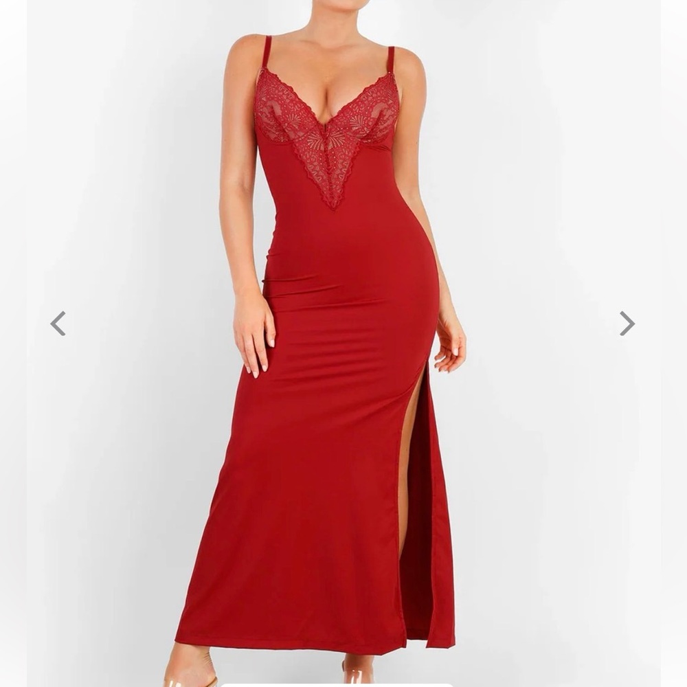 POPILUSH Shapewear⏳ Lace V Neck Side Slit Slimming Maxi Slip Dress‎ NWT